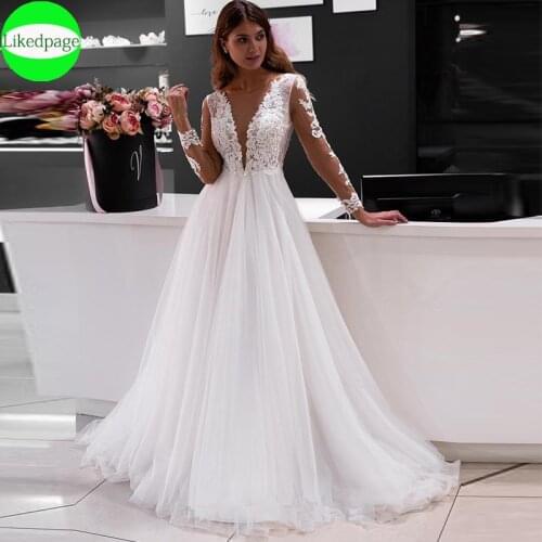 Wedding Dresses 2021Vestidos De Novia Long Sleeve Lace Appliques Tulle Bridal Gowns Sexy Boho Trouwjurk A Line Robe Mariage