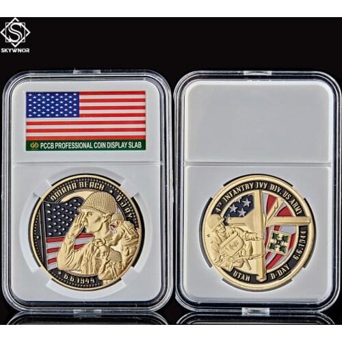 1944.6.6 Infantry Ivy Div US Army Gold Utah D-Day Challenge Coin World W/ Capsule Holder