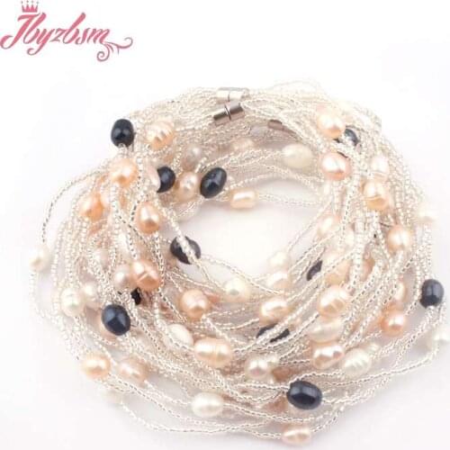6-8mm Natural Oval Freshwater Pearl Glass Stone Beads Handwork Women XMAS Fashion Necklace 17" Bracelet 6.5" 1 Set,Magnet Button