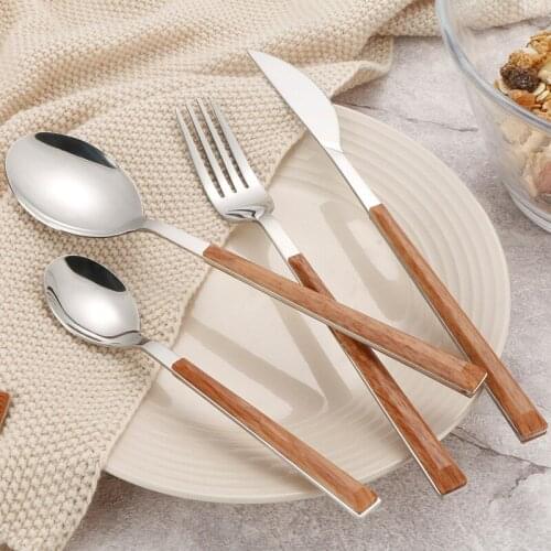6pcs High Quality Stainless Steel Wooden Handle Steak Knife Fork Spoon Western Tableware Set