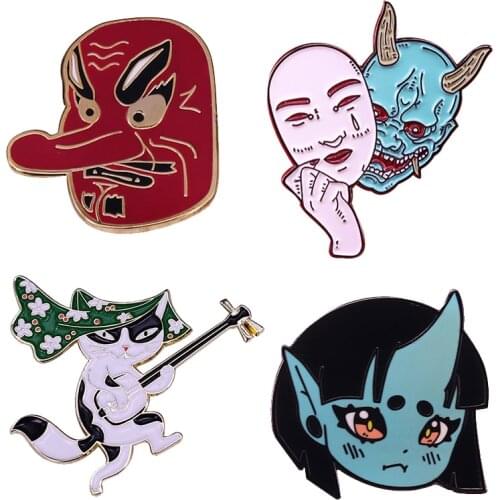 Mugi Oni Tengu Yokai Demons Devil Evil Spirit Brooch Pins Enamel Metal Badges Lapel Pin Brooches Fashion Jewelry Accessories