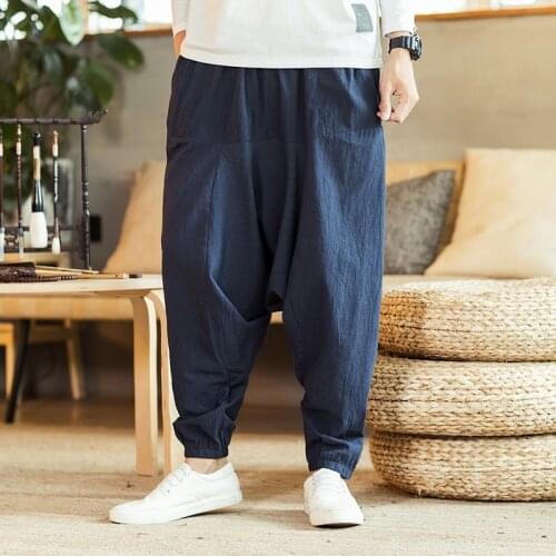 Chinese Style Retro Crotcht Pants Men Clothing Autumn Fashion Kimonos Trousers Loose Casual Pants Plus Size Harem Pants 12115