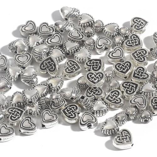 20/30/50Pcs/Pack Alloy Antique Silver Plated Beads Heart Shape Metal Beads Fit Bracelet Charms Jewelry Making DIY Accessories