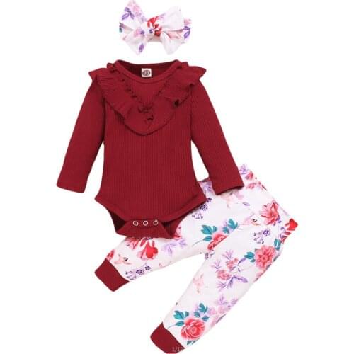 Infant Baby Girl Clothes Long Sleeve Knitted Ruffle Romper Bodysuit + Floral Pants + Headband Newborn Homewear