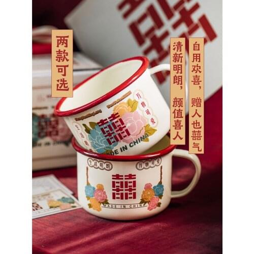 Enamel Vintage Wedding Cup Large Breakfast Cup Creative Cup Mug Household Enamelled Cup with Cover Water Cup