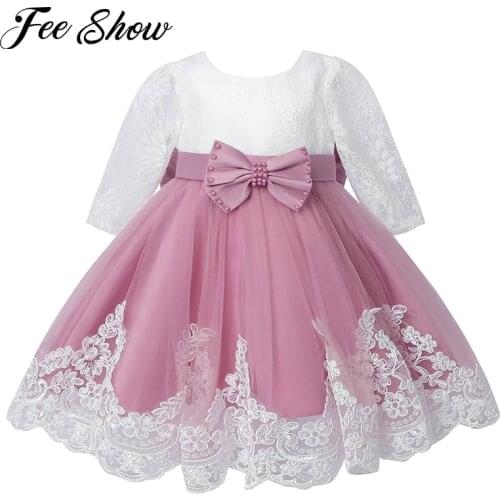 FEESHOW Toddler Baby Girls Dress Floral Embroidered Tulle Tutu Long Sleeve Flower Birthday Party Wedding Gown Kids Dresses