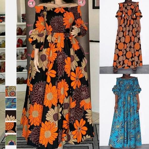 Indonesia Explosive Digital Printing Womens Fashion One-word Collar Lantern Sleeve Dress African Long Dresses for Women