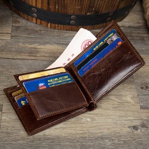 Quality Genuine Leather Mens Wallet Vintage Style Wallets For Men Oil Wax Leather Cash Organizer Zipper Coin Purse