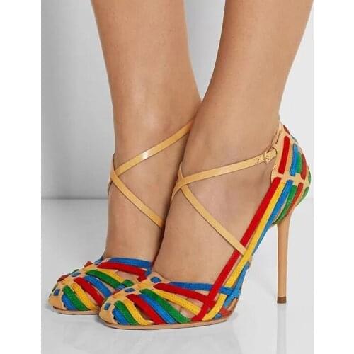 Summer New Fashion Rainbow Braided Straps Women Pointy Toe Sandals Unique High Heels Ladies Sexy Dress Shoes Party Stiletto