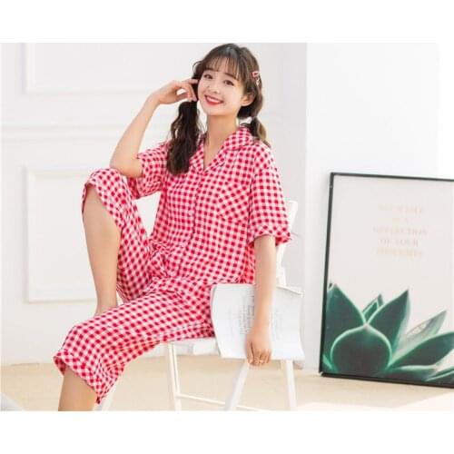 Summer New Women Cool Comfortable Pajamas Short Sleeve Plaid Pyjamas Women Sleepwear Cute Calf-Length Pants Pijama Sleep Set