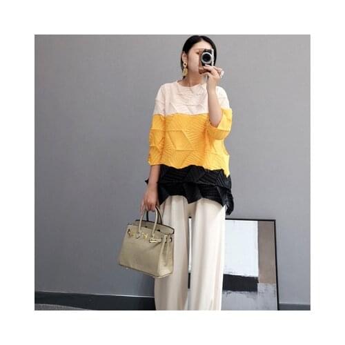 HOT SELLING fIrregular diamond fold patchwork three quarter fashion stand neck Confetti T-shirts IN STOCK