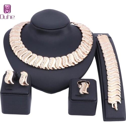 Fashion Gold Color Wedding Party African Beads Jewelry Sets Dubai Gold Crystal Jewelry Sets Costume Romantic Design