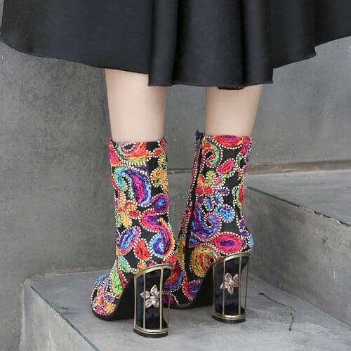 Spring Fall Winter Women Ankle Boots High Heels Pointed Toes Woman Retro Shoes Zipper Thick Heels Designer Shoes Blue/Black33-43