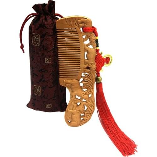 Earofcorn Fine Natural Peach Wood Carving Craft Exotic Comb Anti-static Massage Healthy Wooden Comb Set Pair