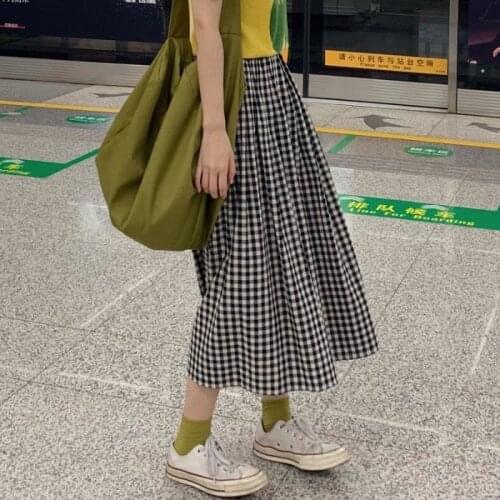 New A Line Pleated Plaid Students Mid Calf Women Skirt Vintage Spring Skirt Long Office Lady High Waist Girls Skirts