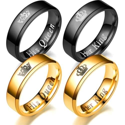 New Fashion Bevel Crown Pattern Ring Classic Letter Her King His Queen Romantic Couple Ring for Couple Birthday Anniversary Gift