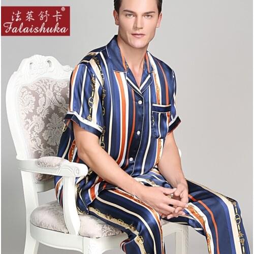 Fashion striped 100% mulberry silk pajamas sets men Sleepwear high quality original silk noble male elegant pyjamas sets men