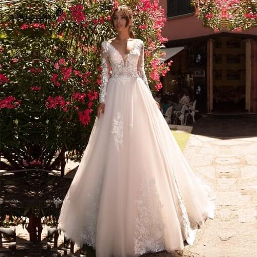 Robe De Soirée De Mariage Long Sleeves Tulle V Neck Wedding Dress Boho Buttons Back Design Lace A Line Bridal Gowns Plus Size