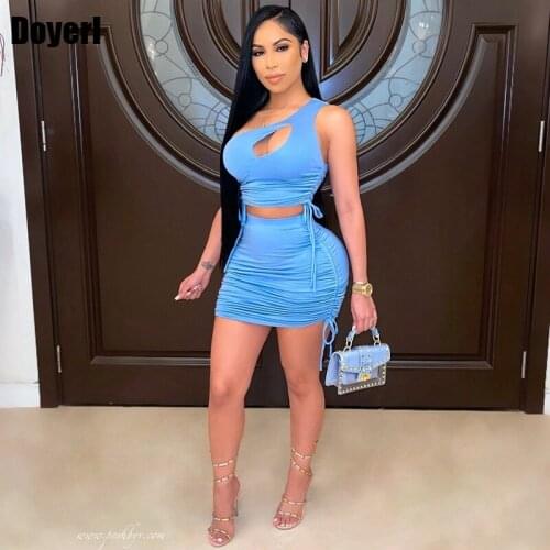 Ruched Sexy Two Piece Set Women Skirt Summer Outfits Club Party One Shoulder Crop Top and Pleated Bodycon Skirt Set for Women
