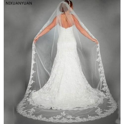 Elegant Wedding Accessories Appliques Tulle Long Cathedral Wedding Veils Lace Edge 1T Bridal Veils 3 Meters Veu De Noiva Longo