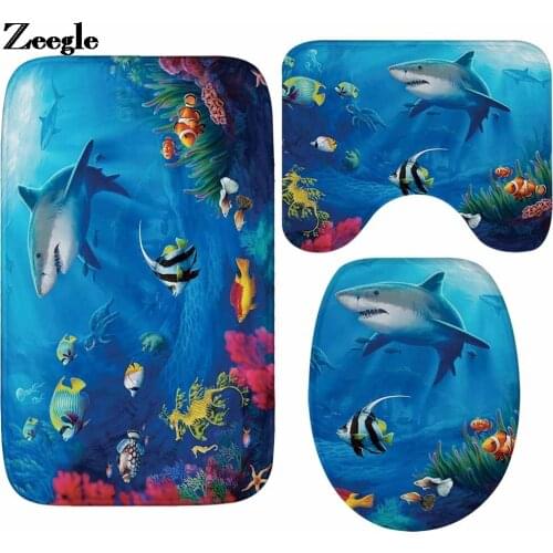 Sea World Printed Bath Mat Set Thicken Flannel Bathroom Carpet Rug Home Decor Toilet Floor Mat U-Shaped Toilet Rug Shower Mat