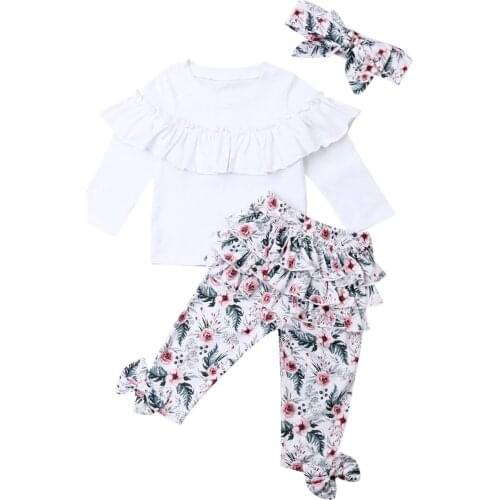 Toddler Kids Baby Girls Spring Autumn Clothes Ruffle Long Sleeve Tops Floral Pants Trousers Headband 3Pcs Outfits Set 1-5T
