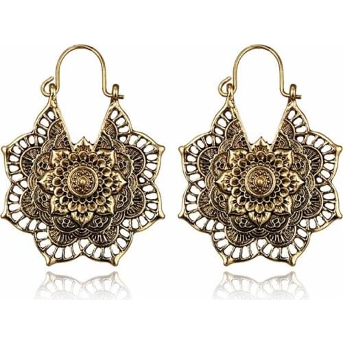 1 Pair Vintage Mandala Flower Drop Dangle Earring For Women Girl Tribal Hollow Floral Pendant Earrings