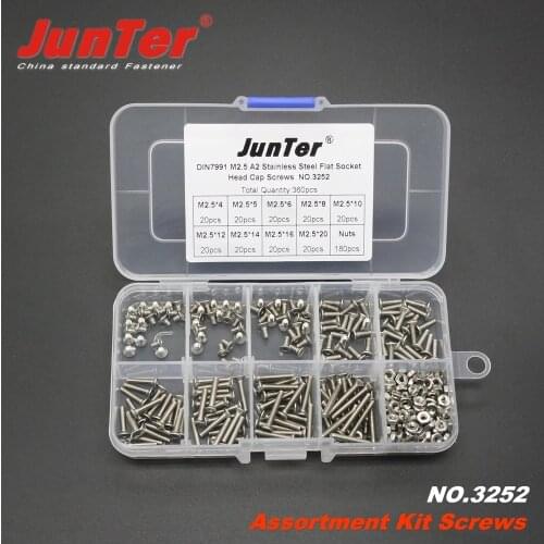 High-quality 360pcs M2.5 (2.5mm) A2 Stainless Steel DIN7991 Flat Socket Head Cap Screws With Hex Nuts Assortment Kit NO.3252