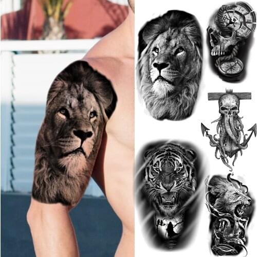 3D Black Large Lion Arm Temporary Tattoos For Men Adult Tiger Anchor Skull Fake Tattoos Waterproof Half Sleeve Tatoo Sticker