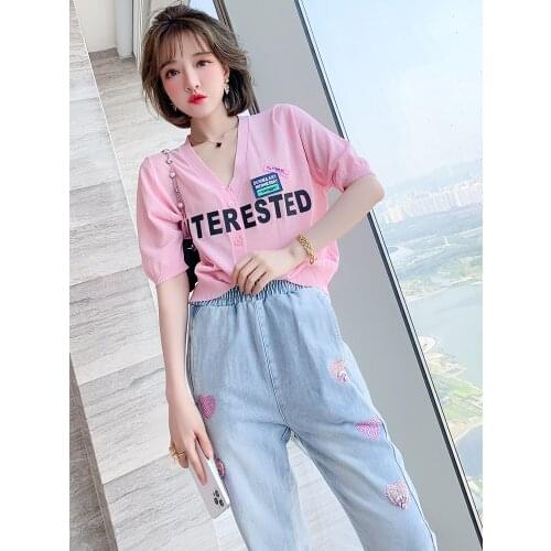 Top Quality cute girl V-neck Letter placard short sleeve comfortable knitted cardigan summer new