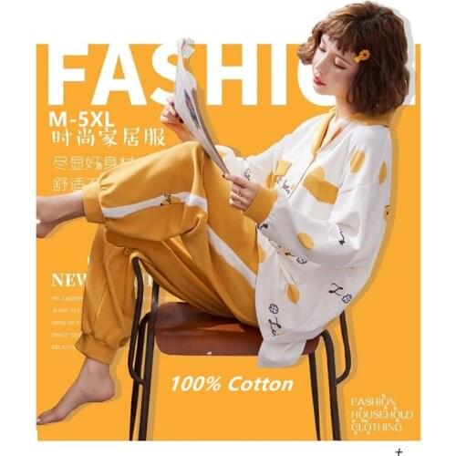 Womens Cotton Pajamas Sexy Dot Sleepwear Set Women Pajama Set 2Piece/Suit Full Sleeve Shirt Long Pant Mom Homewear Big Size 5XL