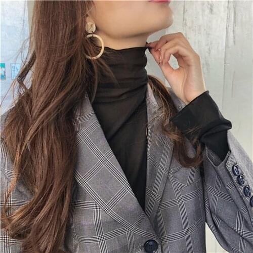 Office Lady Splice TShirts Sexy Solid Color Fungus High Neck Lace See Through Women Tees Retro Temperament Mesh Womens T-shirt