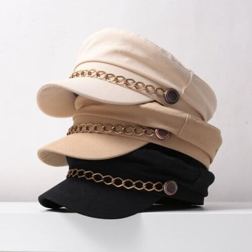 2021 New SpringTrendy Womens Hat Woolen Cloth Splicing Acrylic Chain Pu Brim Fashion Lady Octagonal Hat Women Visors Cap