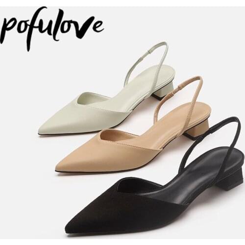 Pofulove Heels Women Sandals Summer Shoes Slippers Zapatos Square Midi Heel Sandalias Female Ladies Fashion Design Party Shoes