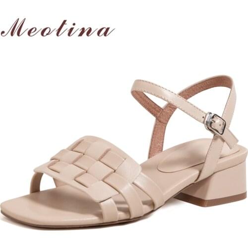 Meotina Women Gladiator Sandals Shoes Genuine Leather Sandals Med Heel Shoes Buckle Square Toe Ladies Footwear Summer Apricot