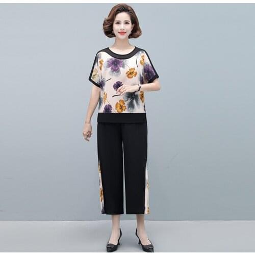 New 2 Piece Set Summer Women Chiffon Print shirt Tops Two Pieces Plus Size Loose Short sleeve T-shirt + Leg Pants Suits