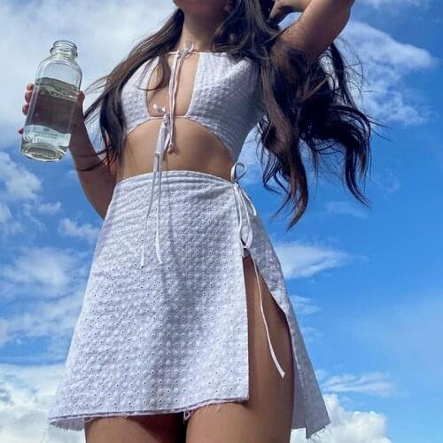 Y2k Sexy Fashion Womens Summer 2021 New Broken Hole Strap Suspender Belly Short Top + Split Short Skirt Two-piece Suit Women