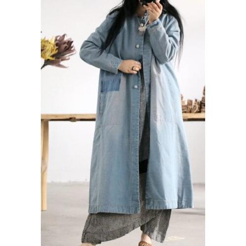Women Spring Trench Coat Bleached Washed Ripped Cotton Denim Long Coat Female Vintage Loose Overcoat Outerwear 2019 Retro Coat