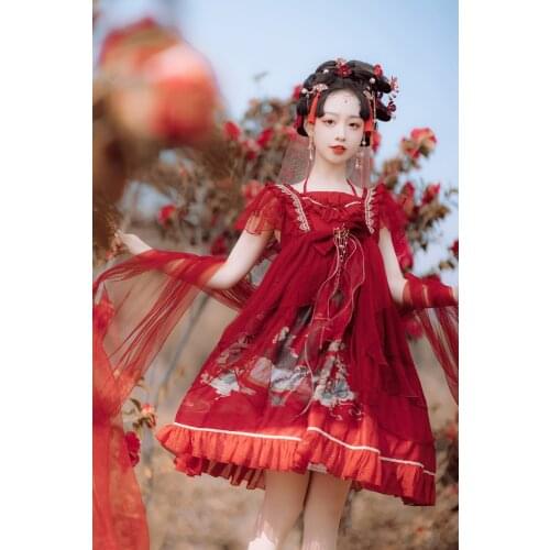 Original Design Land Scroll Womens Lolita JSK Dress Red Chinese Style Suspender Dress & Scarf Summer One Piece