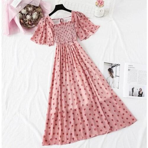 2020 Summer Polka Dot Print Chiffon Dress Sweet Short sleeve Ruffle Midi Dress Women Bohemia Elegant Pink Party Vestidos