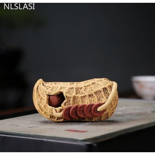 1PCS Yixing Purple Clay Tea pet Peanut statue Ornaments Lucky tea Figurine Boutique Tea Decoration Accessories Handmade Crafts