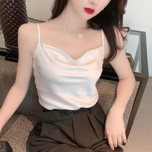 2021 Summer Sexy Satin Silk Tank Tops Female Strap Basic Spaghetti Strap Tops Women Sleeveless Camisole Camis Black White