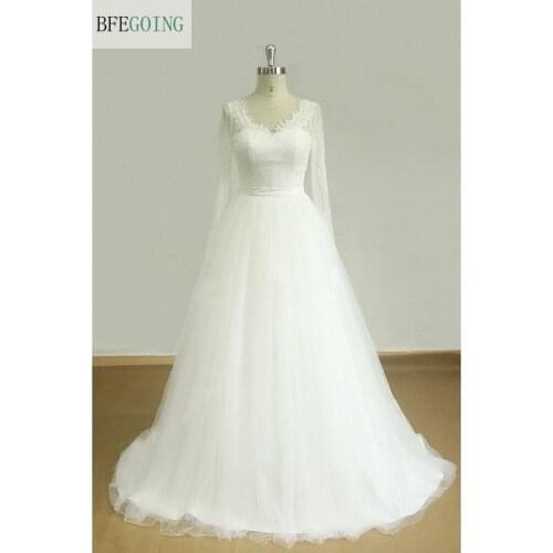 White Lace Tulle V-Neck Long Sleeves Floor-Length A-line Wedding dress Bridal gown Court Train Custom made