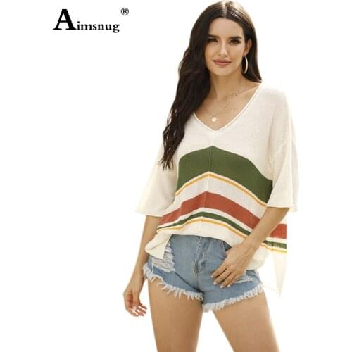Aimsnug Patchwork Color Pullovers Sweaters Womens Short Sleeve V-neck Summer Tunic Beachwear Fashion 2020 Women Loose Sweater