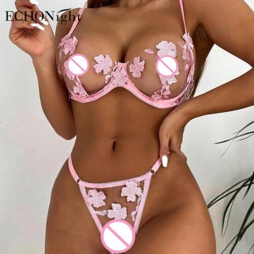 Echonight Erotic Lingerie Set Applique Womens Underwear Transparent Bra Set Sexy Underwear Set Bra with Bones Erotic Costumes