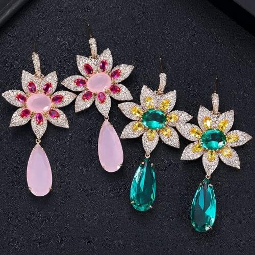 JANKELLY luxury flower Shape Long Earrings Cubic Zirconia Women Wedding Big Earrings Bijoux