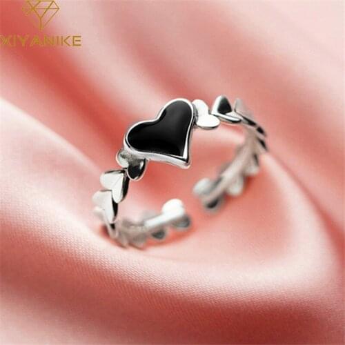 XIYANIKE 925 Sterling Silver Black Love Heart zircon Ring Female Sweet Temperament Cute Fashion Open Jewelry Accessories Gift