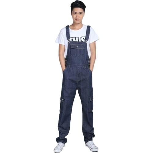 2021 Spring Overalls Men Bib Loose Jeans Big Pocket Straight Denim Jumpsuits Fashion Coverall Cargo Pants Hip Hop Blue Trousers