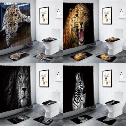 Lion Zebra Leopard Shower Curtain African Wild Animals Home Decor Bathroom Flannel Carpet Non-slip Rug Toilet Cover Bath Mat Set