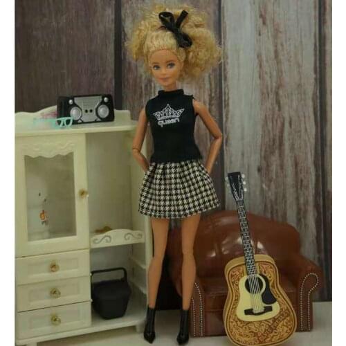 Fashion High Neck Black Shirt & Houndstooth Plaid Skirt 11.5" Doll Outfits for Barbie Clothes 1/6 BJD Dolls Accessories Kids Toy